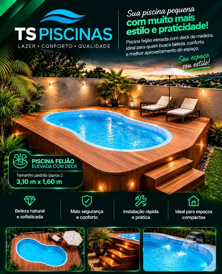 Folder da TS Piscinas com a piscina feijão elevada e deck de madeira.