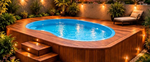 Imagem conceitual realista de piscina compacta elevada com deck de madeira; não representa obra executada pela TS Piscinas